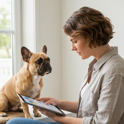 French Bulldog owner reviewing budget on a tablet with their French Bulldog nearby