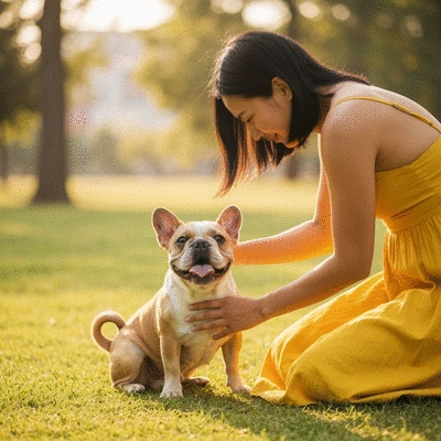 Happy French Bulldog with owner, showing a strong bond after successful training