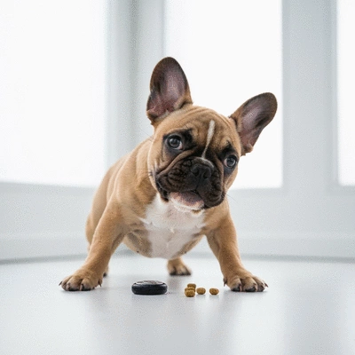 French Bulldog puppy engaged in a training session with treats and a clicker