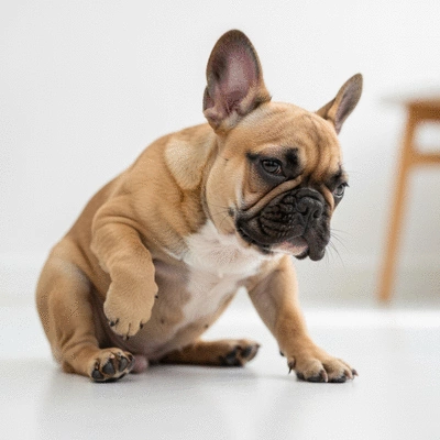 French Bulldog puppy scratching intensely due to allergies