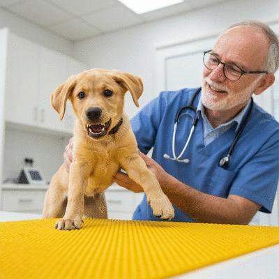 French Bulldog at a vet checkup, looking calm and happy, no text, no words, no typography, 8K, natural lighting