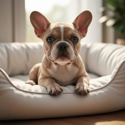 French Bulldog puppy relaxing comfortably in a pet bed