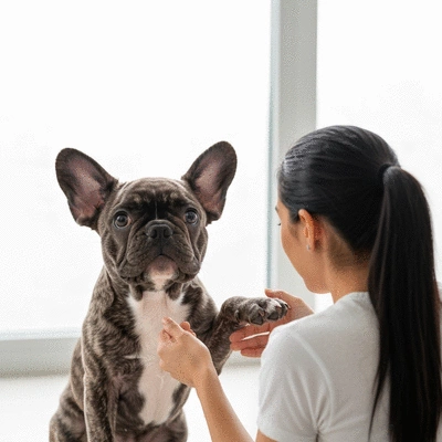 French Bulldog owner training their puppy with positive reinforcement