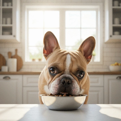 Happy French Bulldog eating healthy food from a bowl