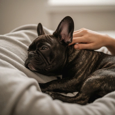 French Bulldog puppy cuddling with owner