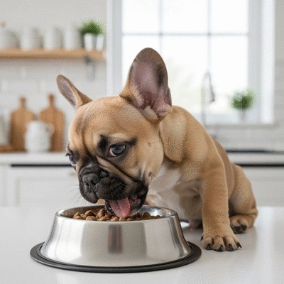 French Bulldog puppy eating from a hypoallergenic food bowl