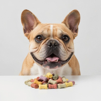Happy French Bulldog looking at a pile of training treats on a clean background