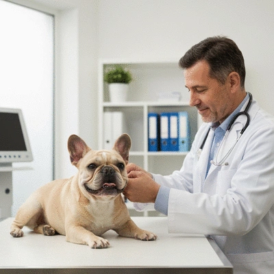 French Bulldog getting a vet check-up, happy and calm