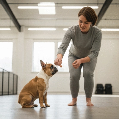 French Bulldog puppy learning in a training class with a trainer using positive reinforcement