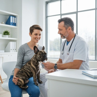French Bulldog owner consulting with a vet, friendly atmosphere